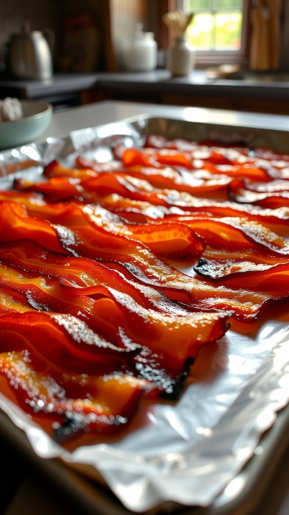 A baking sheet with crispy bacon strips, glistening under warm kitchen light.